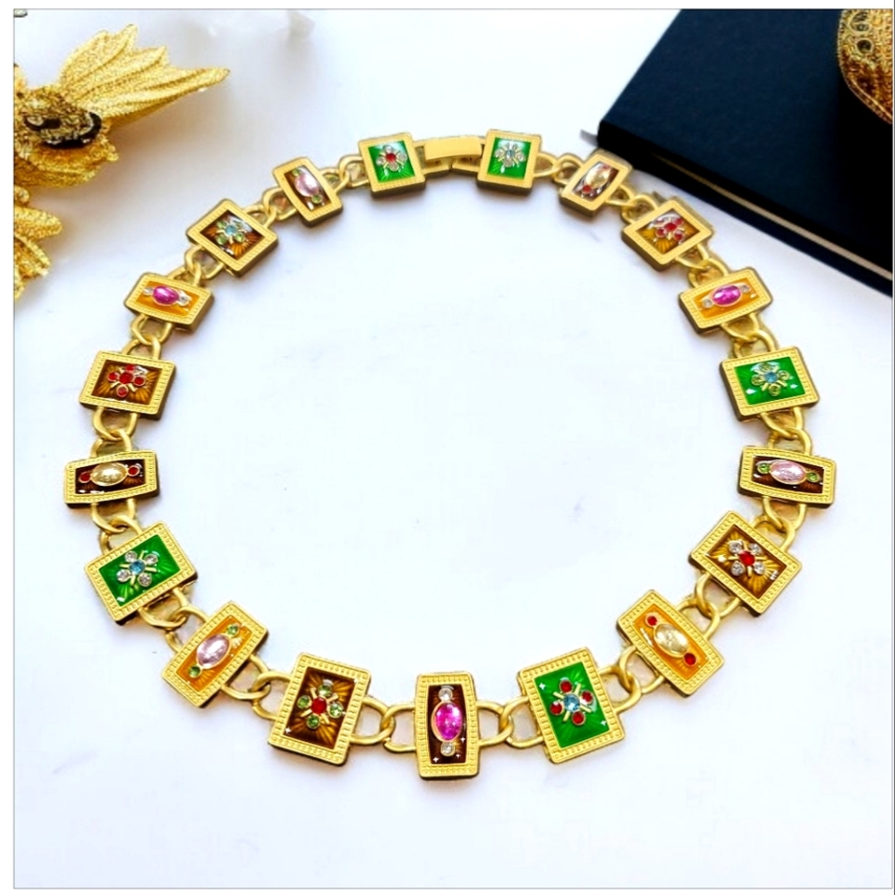 Vintage Style Matte Gold Enamel Jeweled Crystal Panel Choker Necklace